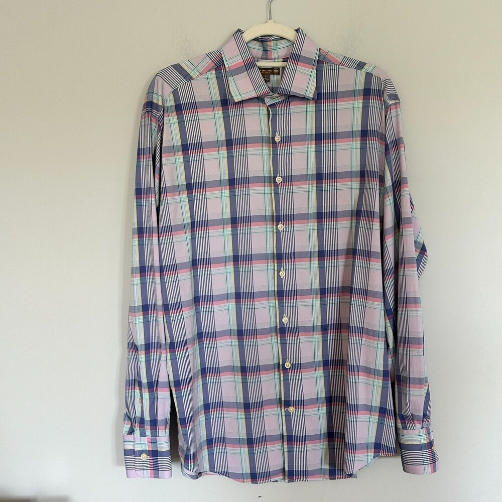 Peter Millar Mens Summer Comfort Button Down Shirt Large Plaid Blue Pink Preppy